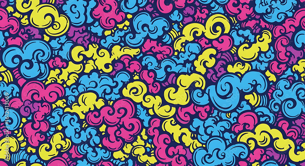 Poster vibrant, abstract cloud-like shapes create a colorful, repeating pattern.