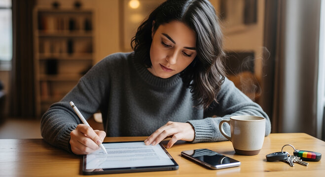 Woman signing a digital rental agreement on a tablet at home, modern concept of online housing rental.
