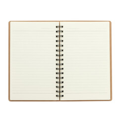Open spiral bound notebook with blank cream pages and cardboard cover isolated on transparent background