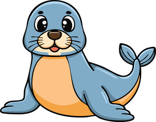 Cartoon illustration of a friendly seal with big eyes, smiling and looking forward.