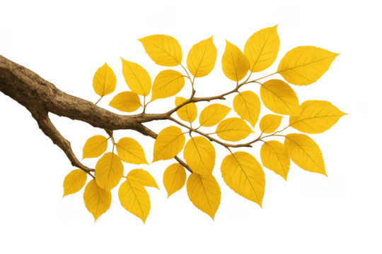 Branch with yellow autumn leaves showing veins on transparent background