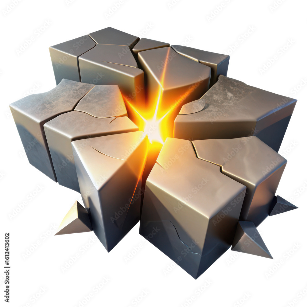 Poster cracked cube with bright light inside for game asset design and digital art creation and rendering u