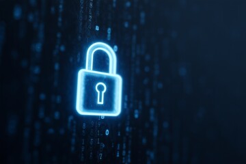 A glowing digital padlock superimposed over a screen of complex binary code, visualizing cybersecurity and data protection.