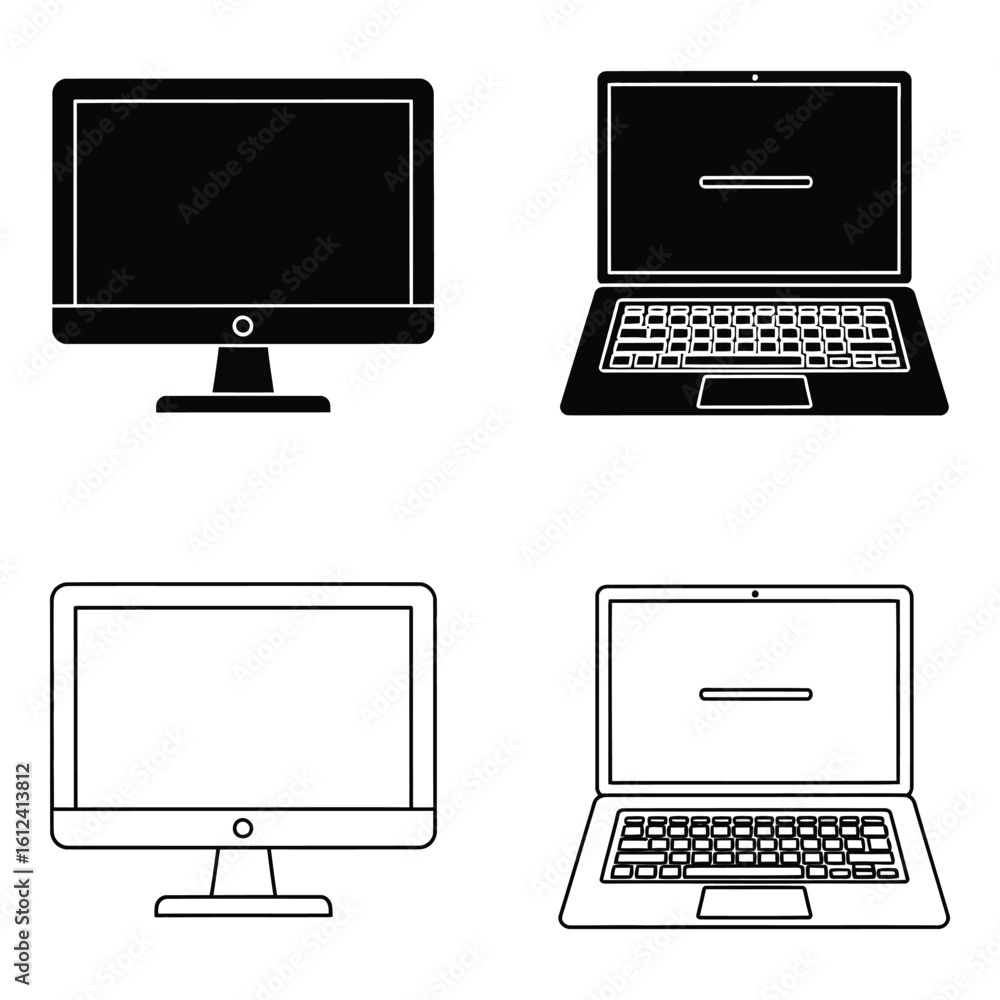 Aufkleber vector art of a collection of computer icons featuring both desktop monitors and laptops in silhouet