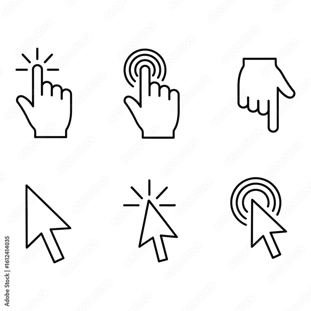 Fototapete vector art of a collection of six distinct click and cursor icons, featuring various hand gestures a