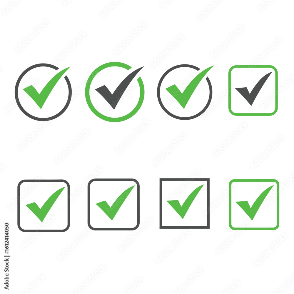Poster vector art of a collection of green and gray check marks in circles and squares on a white backgroun