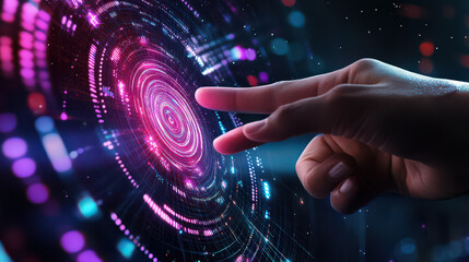 A hand interacting with a glowing pink and blue circular interface in a dark environment
