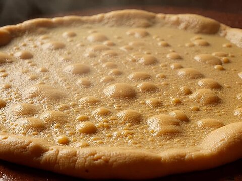 Teff Batter Cooking on Clay Griddle Zoomed In, Traditional Ethiopian Injera Forming with Steamy Texture