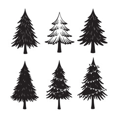 Obraz premium Six pine tree silhouettes isolated on white background
