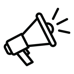 Vector art of a simple black line icon of a megaphone with sound waves emanating from it, isolated on a white background