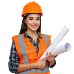 Professional female engineer in orange hard hat and vest holding blueprints isolated on transparent background