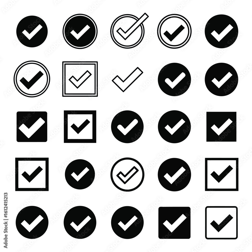 Poster vector art of a diverse collection of check mark icons in various styles and formats, representing c