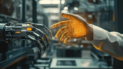 A robot hand reaches towards a glowing human hand in a futuristic technological environment setting
