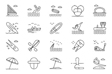 Water Sports Line Art Icons: A collection of 20 minimalist line art illustrations depicting various water sports and activities, ideal for web design or print.