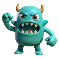 Fototapeta premium Furious turquoise cartoon monster with sharp teeth and horns raising its fist in aggression isolated on transparent background
