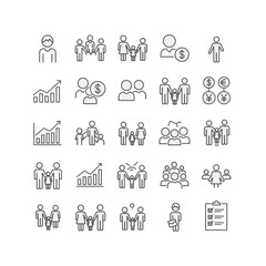 Fototapeta premium Vector art of a collection of diverse line art icons representing people, families, business growth, and financial concepts