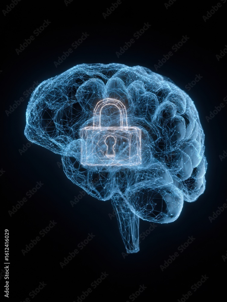 Poster wireframe brain with digital lock symbol emphasizes security and intelligence in a modern digital la