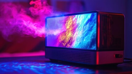 Colorful projector with vibrant display in a dimly lit environment.