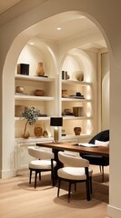 Elegant arched alcove with built-in shelves, books, and a table