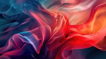 Obraz premium Abstract swirling forms in vibrant blues, reds, and oranges, resembling flowing fabric or smoke, creating a dynamic and energetic composition