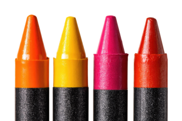 Close-up of four brightly colored crayons in a row.  Tips of crayons are sharply pointed and various shades of orange, yellow, pink, and red.  Black bands encircle each crayon