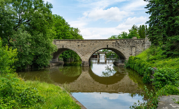 William H. Pinhorn Bridge in Stratford, Ontario, reflecting over the Avon River, adjacent to the Shakespearean Gardens.