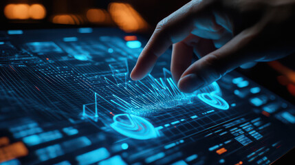 Finger interacting with blue digital interface displaying data and complex information graphics