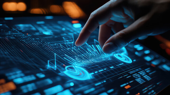 Finger interacting with blue digital interface displaying data and complex information graphics