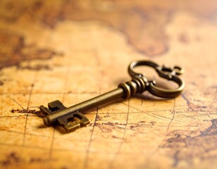 Antique key on vintage map