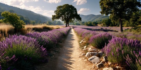 Dirt path leading through blooming lavender field in provence france