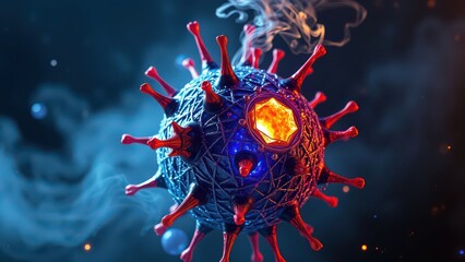 Detailed illustration of a glowing virus cell with red spikes and smoke against a dark blue