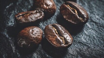 Obraz premium A macro shot of roasted coffee beans with textured details on a dark slate background. 
