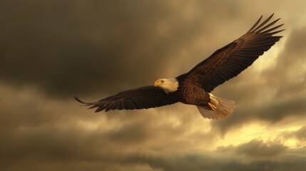 Obraz premium A majestic bald eagle soaring through a dramatic golden-hued sky. 