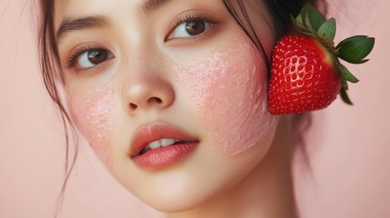 Woman's face with strawberry and facial product.