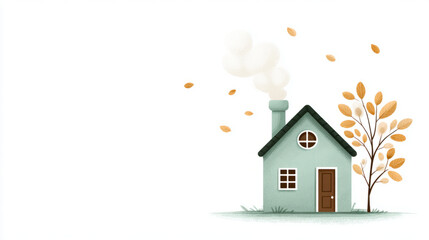 Charming cottage with autumn leaves and smoking chimney in minimalist style