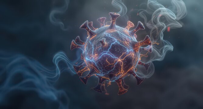 Digital illustration of a virus cell with orange and blue energy and wispy smoke on dark background