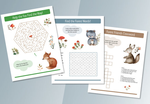 Kids Activity Worksheet Set with forest animals
