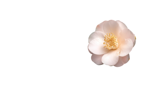 Close-up of a delicate, pale pink camellia flower, centered against a black background.  Soft, rounded petals,  a visible stamen, and  a subtle, inner gold.  High-quality image