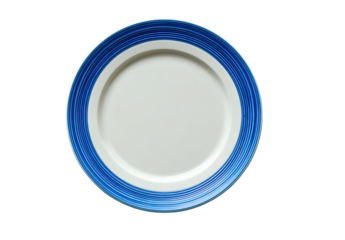 A round, white dinner plate with concentric, blue, decorative bands