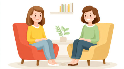 Two caucasian females sitting and relaxing in colorful chairs with plant and books