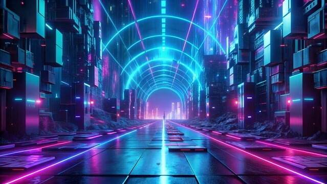 Neon blue cyberpunk background with glitch effects - Powered by Adobe