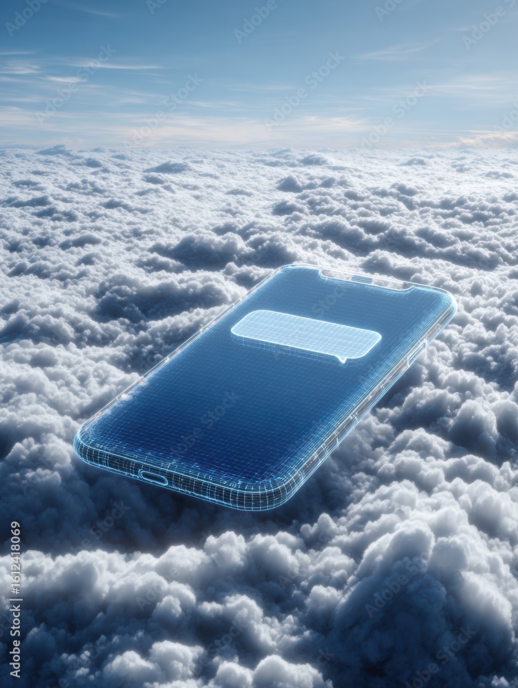 Poster floating phone screen ad in digital landscape with clouds and clean message area showcasing modern c