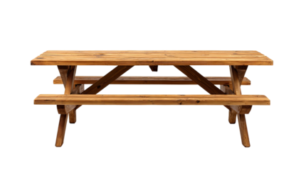 Wooden picnic table,  long rectangular top, two benches