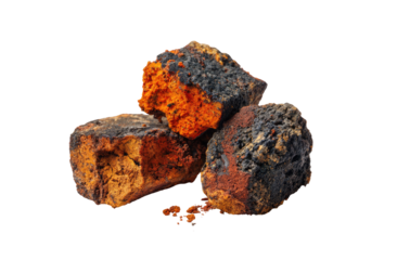 Three chunks of reddish-brown, textured rock-like substance.  Visible are  orange-red and dark-brown/black patches