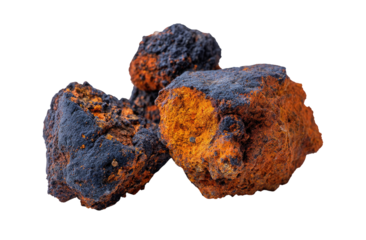 Close-up of three chunks of a dark-orange/reddish-brown mineral.  Patches of dark gray/black are visible on the surface