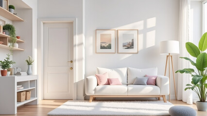 Cozy living room: white sofa, decor accents, and natural light in a minimal space