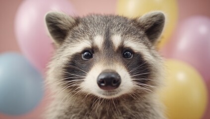 Raccoon portrait, face forward. Pink background, balloons slightly out of focus. Cute animal stares directly at camera, detailed fur texture, black nose, expressive eyes