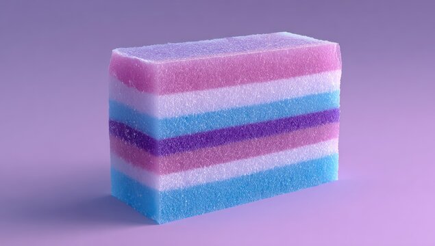Layered block with soft textures, comprised of pink, white, blue, and purple stripes. On a matching pale lavender background, gentle light
