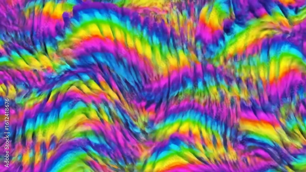 Poster flowing waves of brilliant rainbow colors merge in a dynamic and psychedelic abstract composition.
