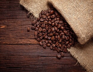 Coffee overflow. Roasted coffee beans spill from a burlap sack onto dark, textured wooden planks, creating a warm, rustic feel with natural lighting